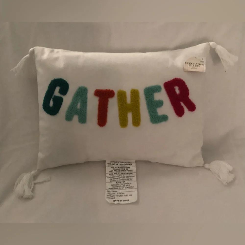Decorative 'Gather' Accent Pillow - White with Multicolor Letters.10”X14”
